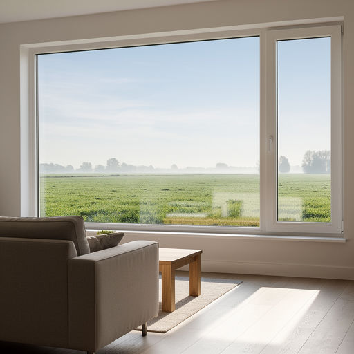 blik vanuit woonkamer in Waspik door wit kunststof panoramakozijn naar Brabants weidelandschap