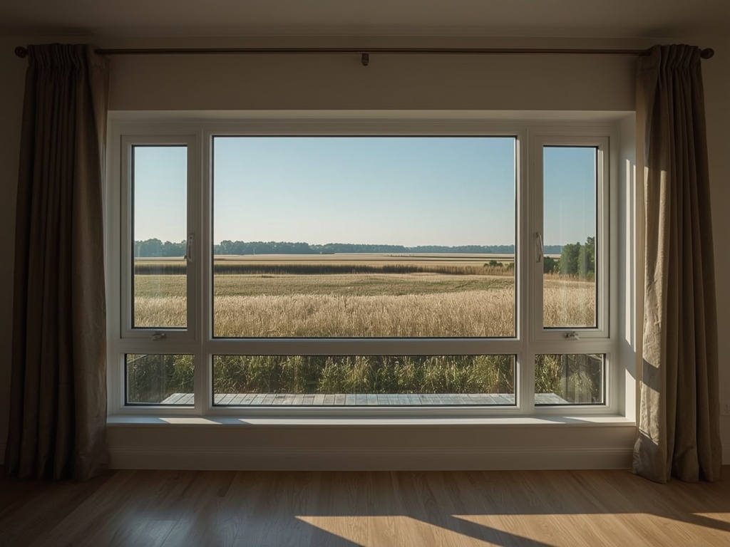 blik vanuit woonkamer in Vlijmen door wit kunststof panoramakozijn naar Brabants weidelandschap
