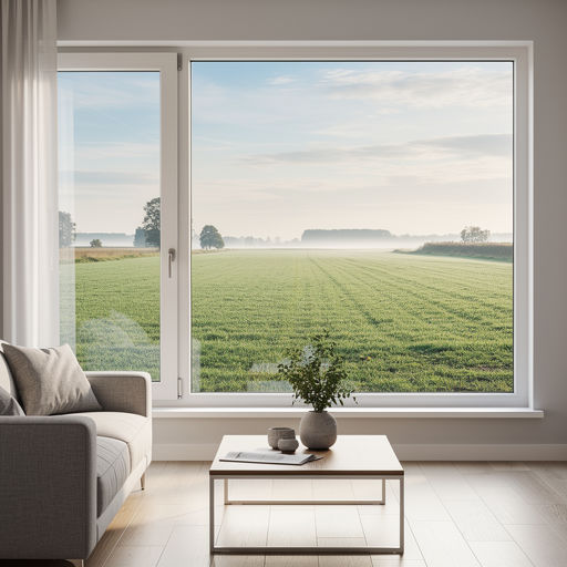 blik vanuit woonkamer in Den Bosch door wit kunststof panoramakozijn naar Brabants weidelandschap