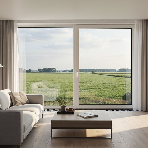 blik vanuit woonkamer in Nieuwendijk door wit kunststof panoramakozijn naar Brabants weidelandschap