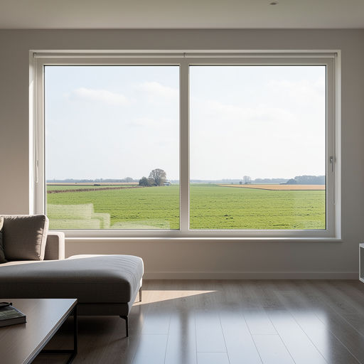 blik vanuit woonkamer in Dussen door wit kunststof panoramakozijn over Brabants polderlandschap