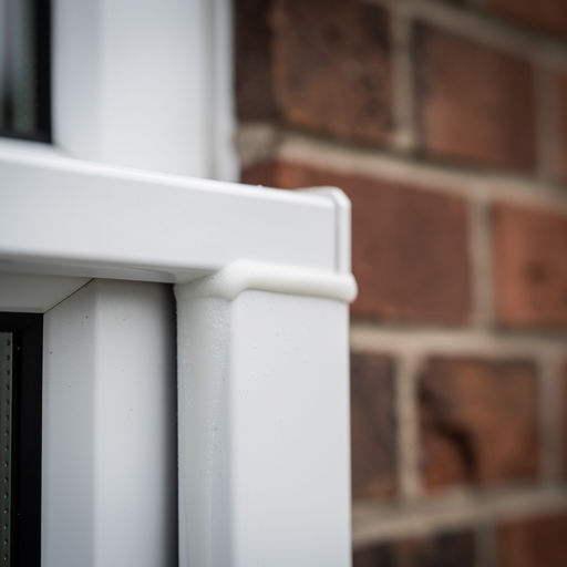 close-up van glaslat en siliconenkit van wit kunststof kozijn in bakstenen gevel Nieuwendijk