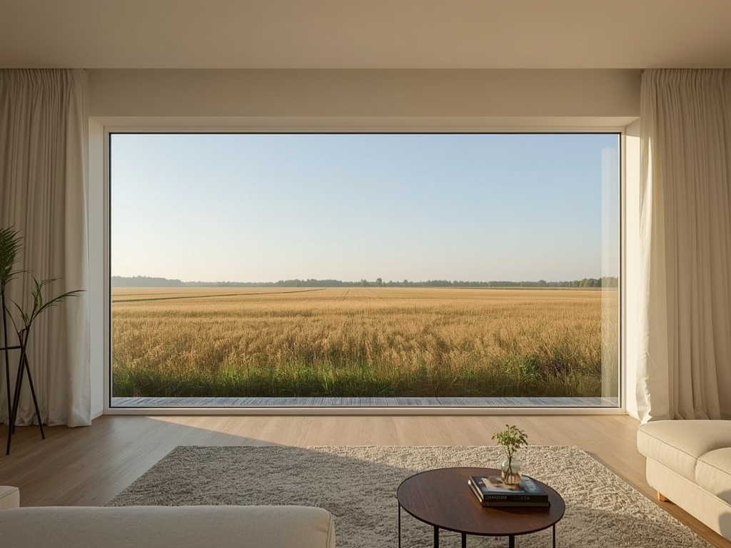 uitzicht vanuit woonkamer in Hank door wit kunststof panoramakozijn over het Brabantse polder- en weidelandschap