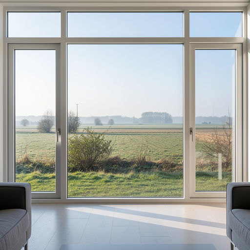 blik vanuit woonkamer in Sleeuwijk door wit kunststof panoramakozijn naar Brabants rivierenlandschap