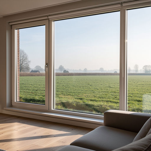 blik vanuit woonkamer in Dongen door wit kunststof panoramakozijn naar Brabants weiland