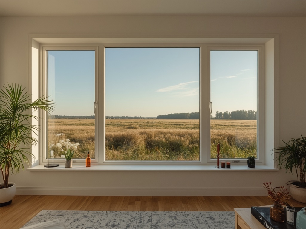 blik vanuit woonkamer in Made door wit kunststof panoramakozijn naar Brabants polderlandschap