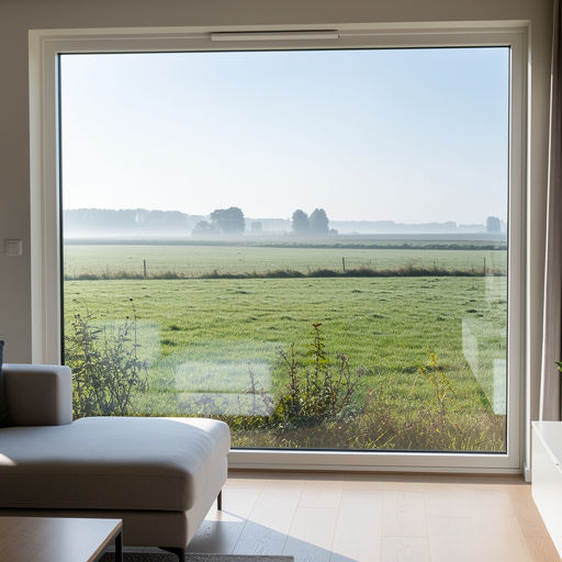 blik vanuit woonkamer in Heusden door wit kunststof panoramakozijn naar Brabants weidelandschap