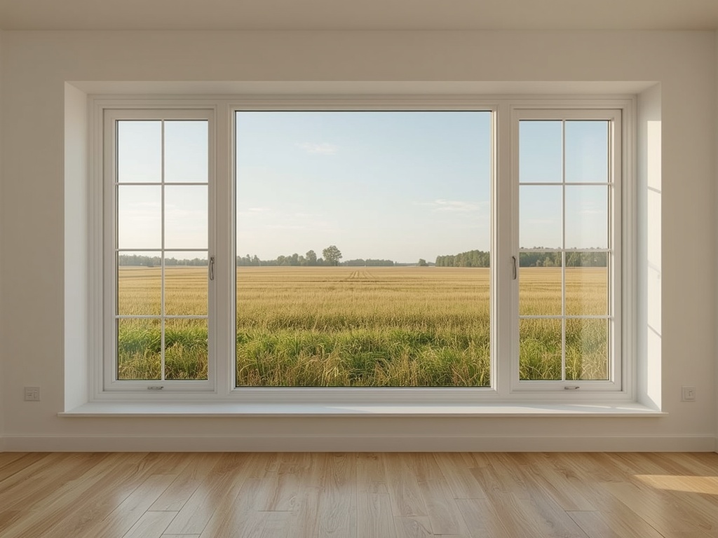 blik vanuit woonkamer in Rijswijk door wit kunststof panoramakozijn over Brabants polderlandschap