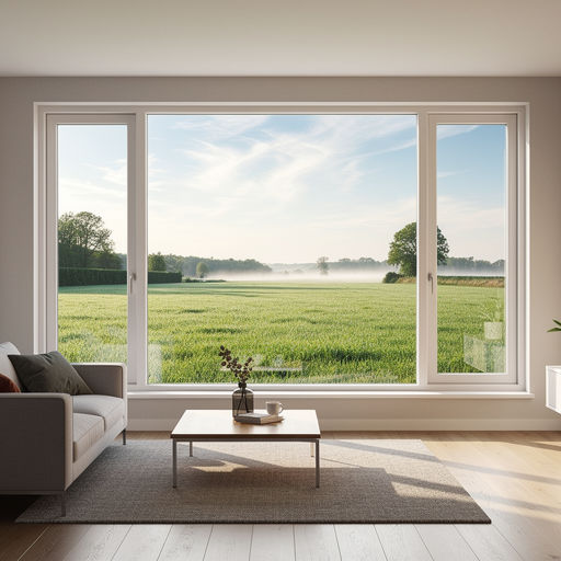 blik vanuit woonkamer in Kaatsheuvel door wit kunststof panoramakozijn naar Brabants weidelandschap