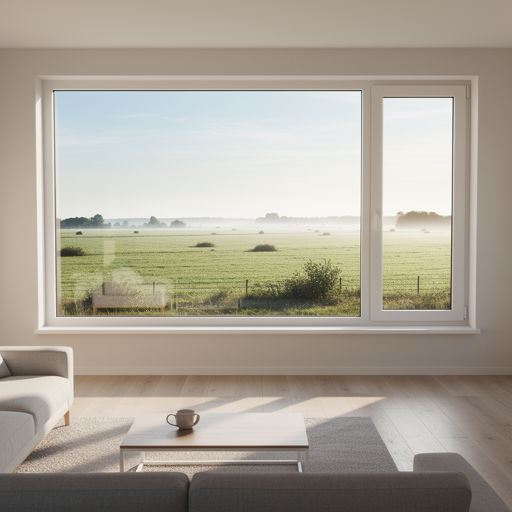 blik vanuit woonkamer in Giessen door wit kunststof panoramakozijn naar Brabants weidelandschap