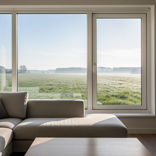 blik vanuit woonkamer in Oosterhout door wit kunststof panoramakozijn naar Brabants weidelandschap