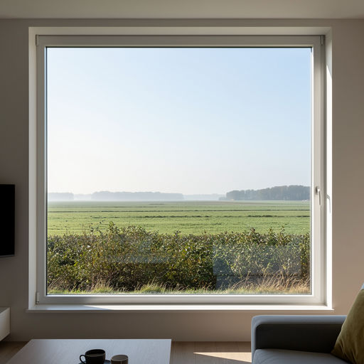 blik vanuit woonkamer in Tilburg door wit kunststof panoramakozijn naar Brabants weidelandschap