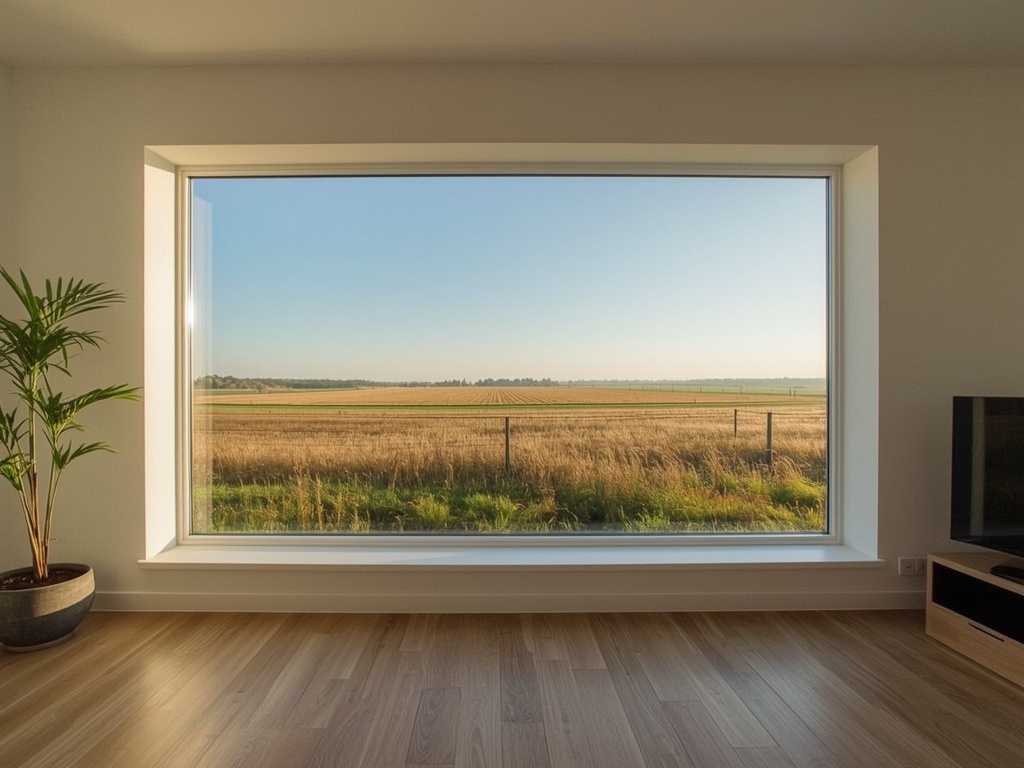 blik vanuit woonkamer in Aalburg door wit kunststof panoramakozijn naar Brabants weidelandschap langs de Maas