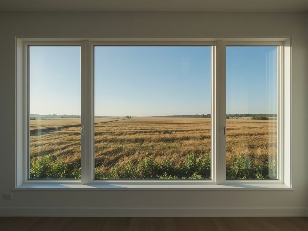 blik vanuit woonkamer in Andel door wit kunststof panoramakozijn naar Brabants rivierlandschap