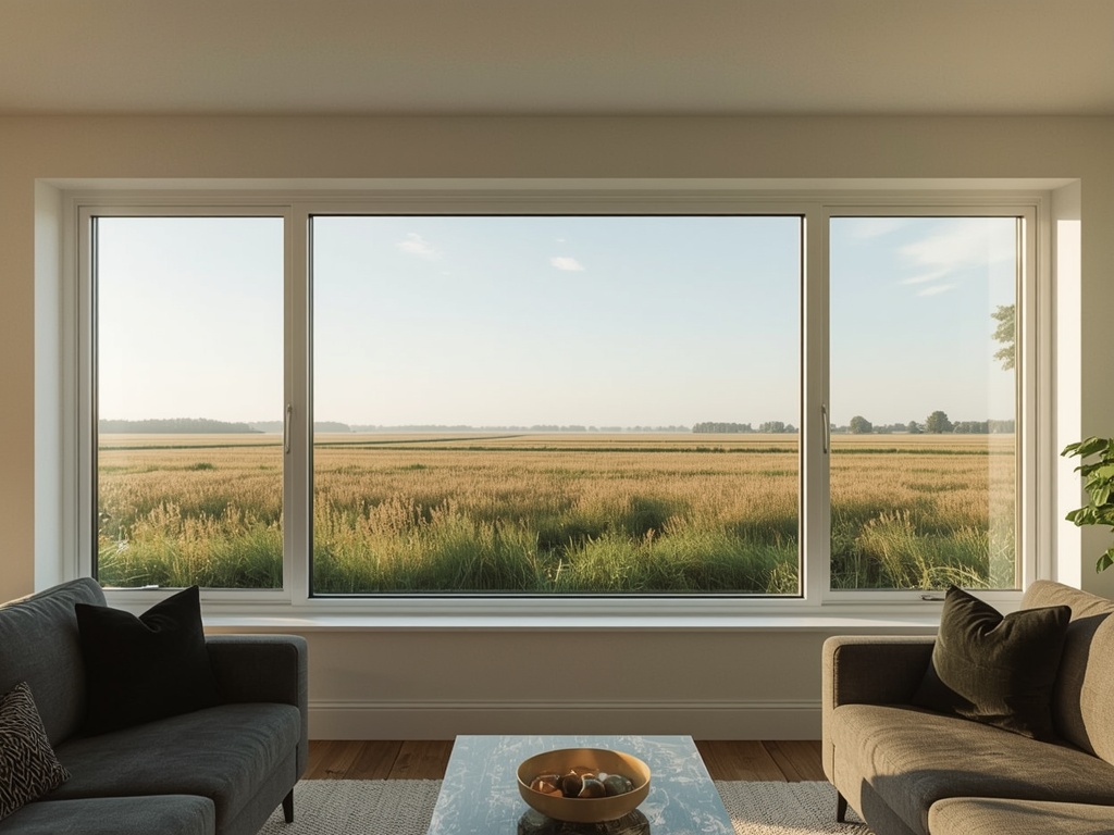 blik vanuit woonkamer in Raamsdonksveer door wit kunststof panoramakozijn naar Brabants weidelandschap