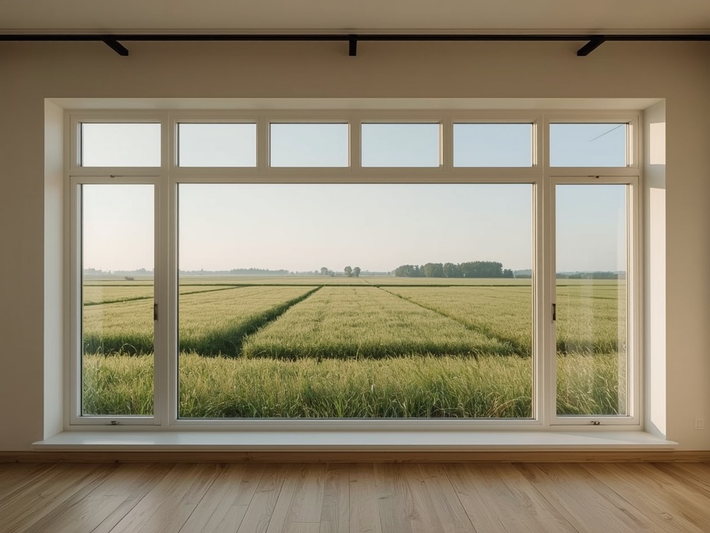 blik vanuit woonkamer in Drunen door wit kunststof panoramakozijn naar Brabants weidelandschap