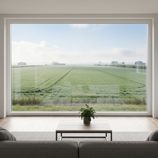 blik vanuit woonkamer in Breda door wit kunststof panoramakozijn naar Brabants weidelandschap
