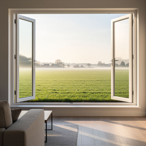 blik vanuit woonkamer in Loon op Zand door wit kunststof panoramakozijn naar Brabants weidelandschap