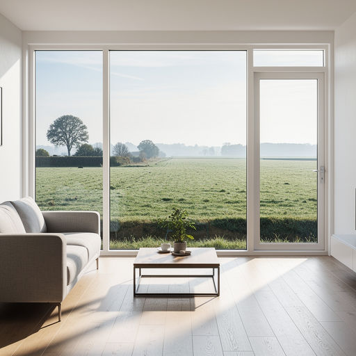 blik vanuit woonkamer in Geertruidenberg door wit kunststof panoramakozijn naar Brabants weidelandschap
