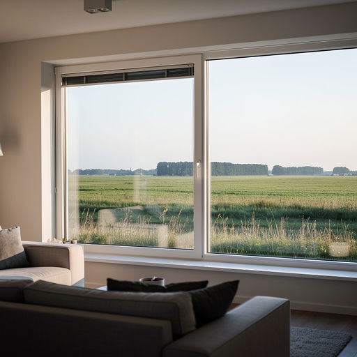 blik vanuit woonkamer in Capelle door wit kunststof panoramakozijn over het Brabantse buitengebied