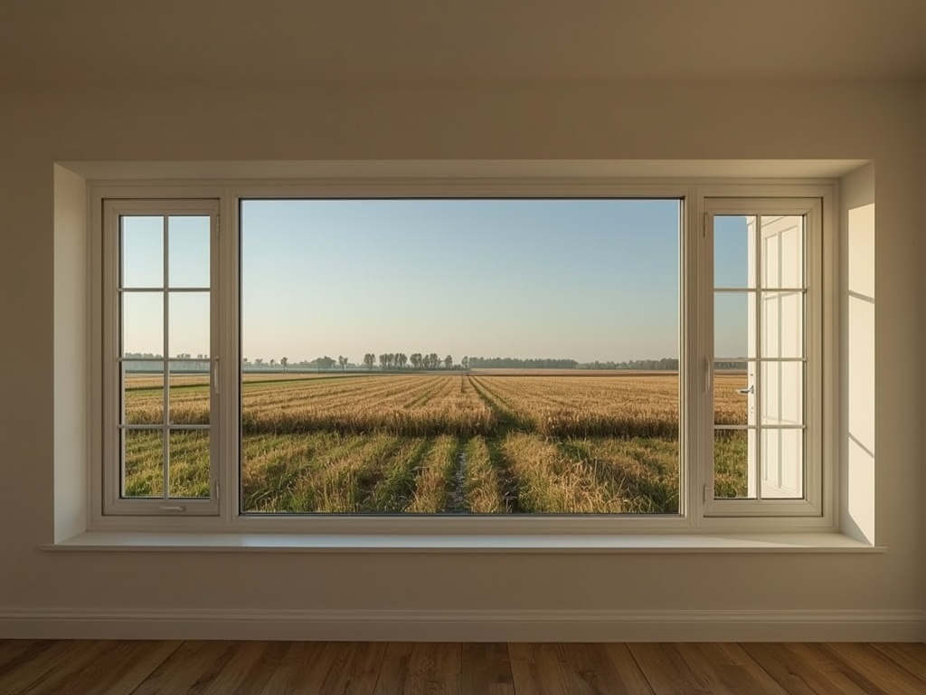 uitzicht vanuit woonkamer in Waalwijk door wit kunststof panoramakozijn op Brabants weidelandschap