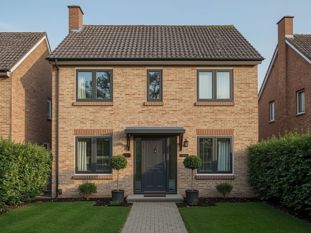 vrijstaande woning in Hank met antracietkleurige kunststof kozijnen en groene voortuin