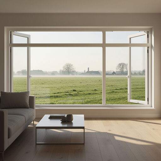 blik vanuit woonkamer in Waalwijk door wit kunststof panoramakozijn naar Brabants weidelandschap